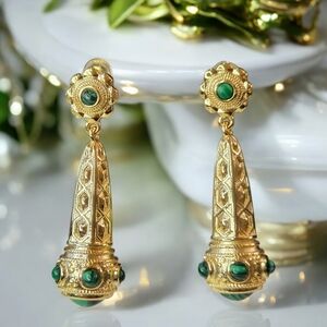 18k Gold Plated Byzantine Filigree Malachite Dangle Earrings